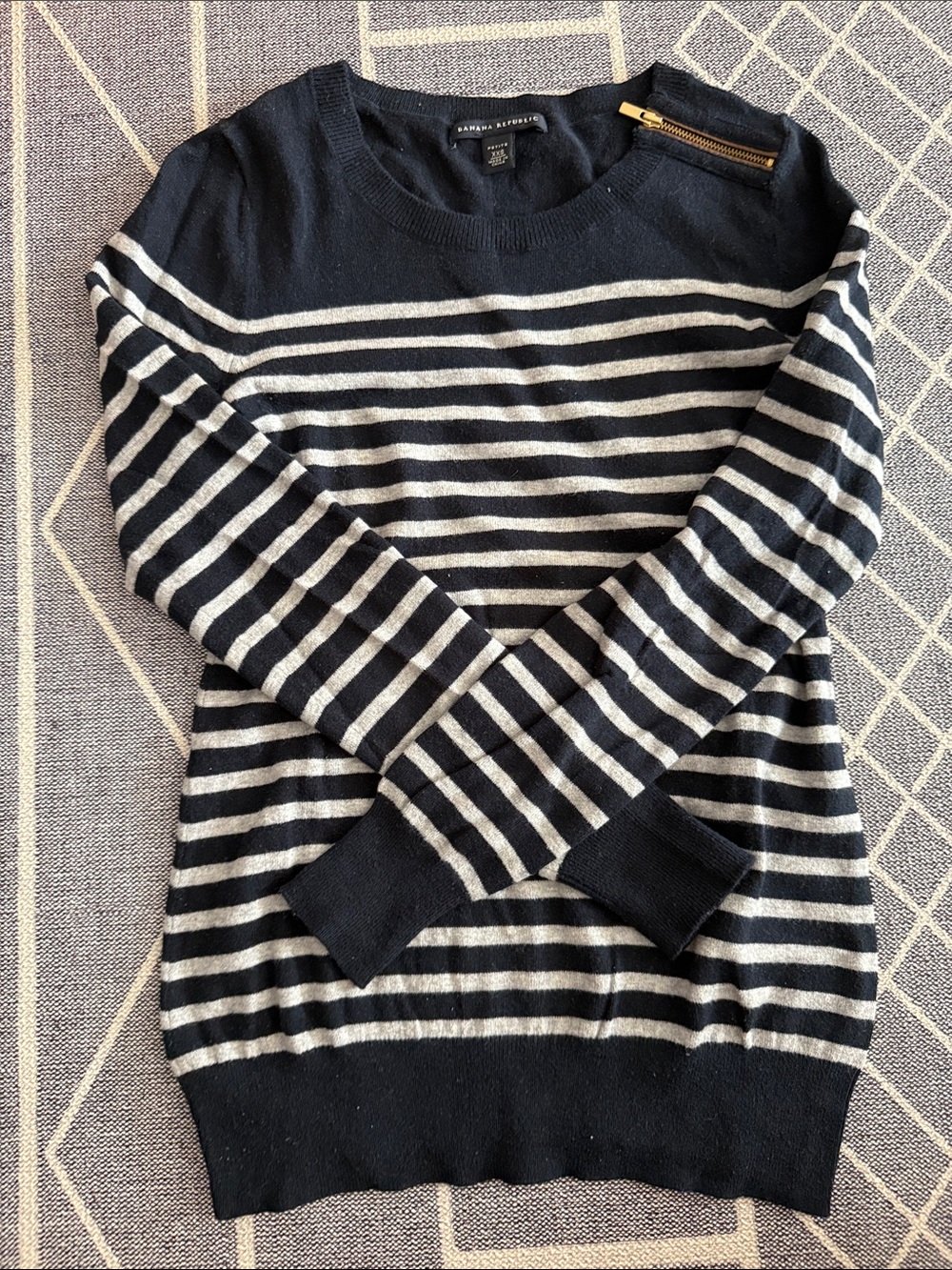 Banana Republic Navy & Cream Striped Zip-Shoulder Crewneck Sweater